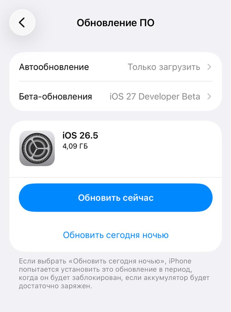  раздел «Обновление ПО» на iPhone с пунктом «Бета-обновления» для подключения тестовой версии iOS 27.